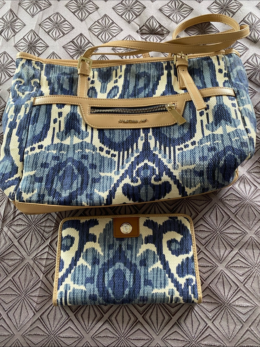 Spartina 449 Blue Ikat Canvas Shoulder Bag with Tan Trim and Matching Wallet